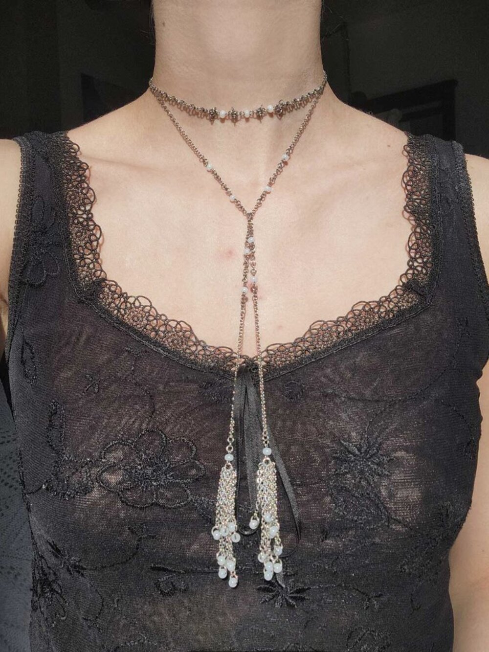1930s silver flapper style tassel necklace with real pearls